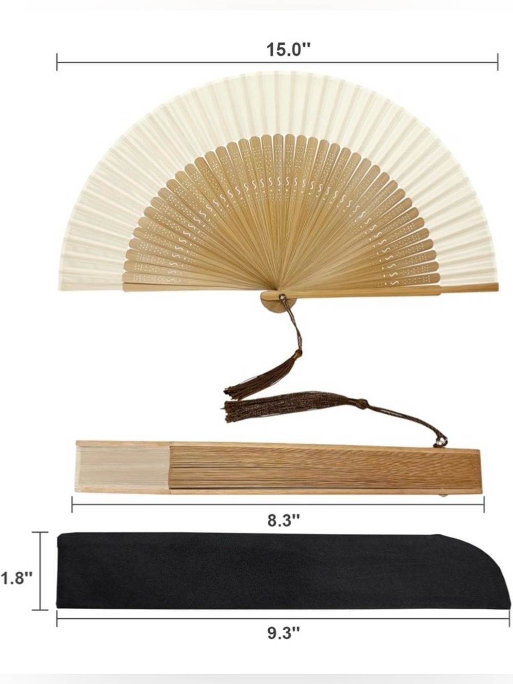 Handheld Folding Fan - Cream Bamboo with Brown Tassel